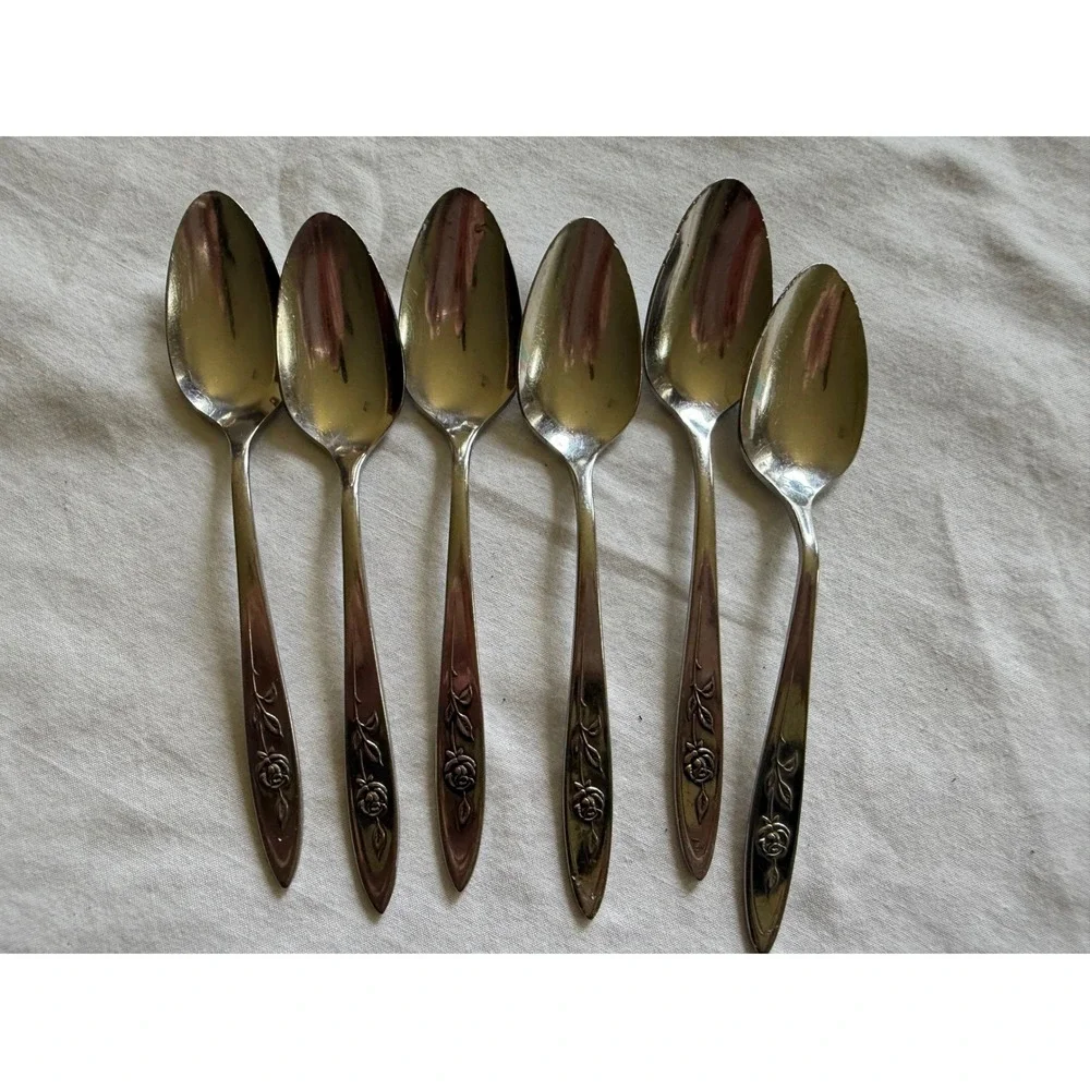 Oneida Community Stainless Morning Rose Teaspoons Set of 6 Floral Silverware 6in